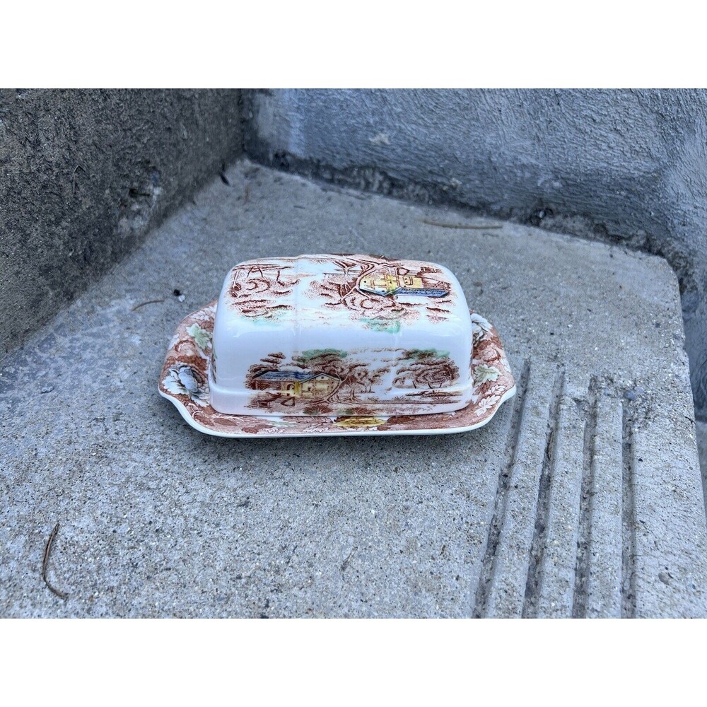 Vtg Nasco Butter Dish 1940s MCM Mountain Woodland Design Glossy Large 7"